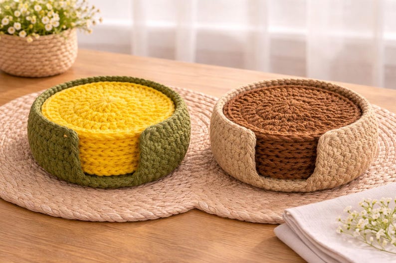 K&ouml;nnte beinhalten: Zwei handgefertigte H&auml;keluntersetzer-Sets. Ein Set hat einen gelben Untersetzer mit einem gr&uuml;nen Halter, das andere einen braunen Untersetzer mit einem beigen Halter. Beide Sets befinden sich auf einer gewebten Tischmatte, ideal f&uuml;r die Inneneinrichtung.