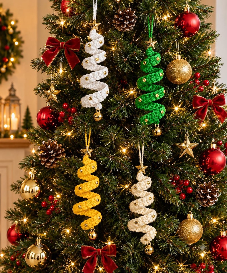May include: Four spiral-shaped Christmas tree ornaments made of crocheted yarn in white, green, yellow, and cream. Each ornament features a small gold star at the top, tiny gold beads along the spiral, and a small gold bell at the bottom.