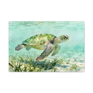 Puede incluir: Pintura a la acuarela de una tortuga marina nadando bajo el agua. La tortuga tiene un caparazón verde y marrón y está rodeada de agua turquesa y hierbas marinas. La obra de arte tiene un ambiente sereno y natural.
