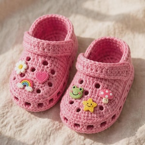 May include: A pair of pink crocheted baby clogs featuring a perforated design and a strap across the top. The left shoe is decorated with a white flower, a pink heart, and a rainbow charm. The right shoe features a green frog, a yellow star, and a red mushroom with white spots.