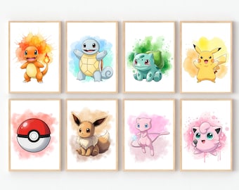 Cute Watercolor Wall Art Set of 8 | Kids Room Decor | Nursery Printable Posters | Pikachu, Charmander, Bulbasaur, Squirtle