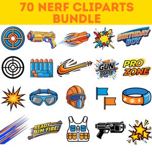 Puede incluir: Una colección de 70 imágenes prediseñadas de Nerf. Las imágenes incluyen pistolas de juguete, dianas, equipo de protección y texto como "Birthday Boy" y "Ready Aim Fire!" en un estilo de dibujos animados colorido.