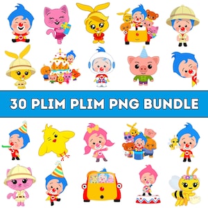 May include: A collection of colorful cartoon characters, including a clown, a cat, a bunny, and a pig, in various poses. The characters are set against a white background. The text "30 PLIM PLIM PNG BUNDLE" is displayed in a blue banner.