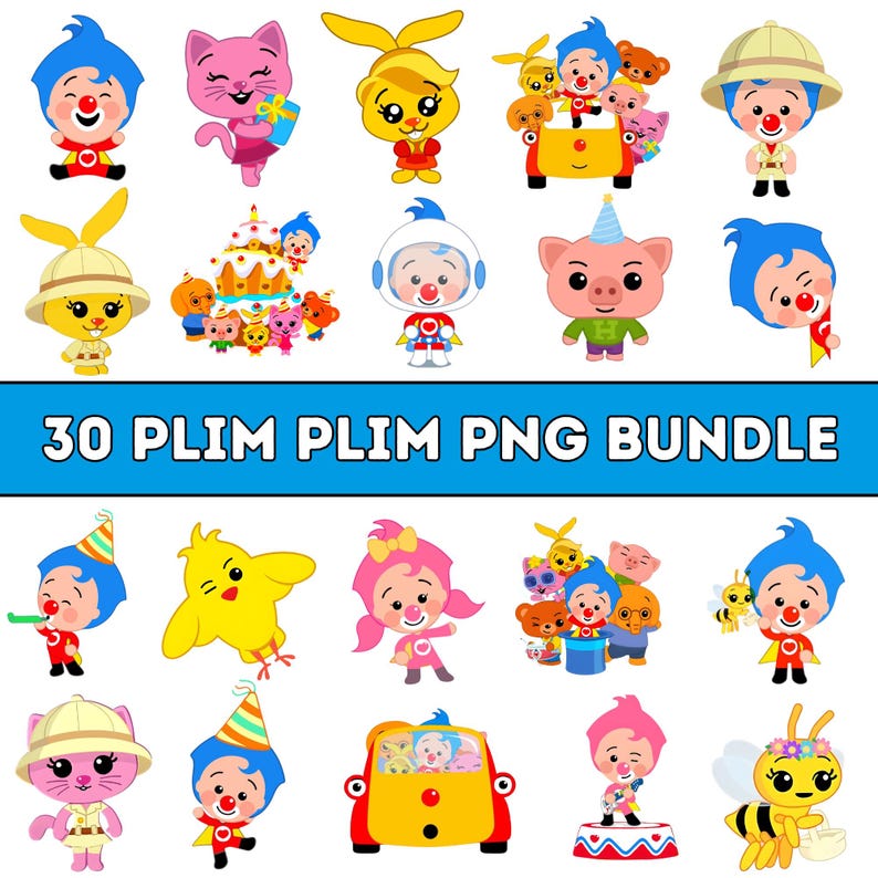 May include: A collection of colorful cartoon characters, including a clown, a cat, a bunny, and a pig, in various poses. The characters are set against a white background. The text "30 PLIM PLIM PNG BUNDLE" is displayed in a blue banner.