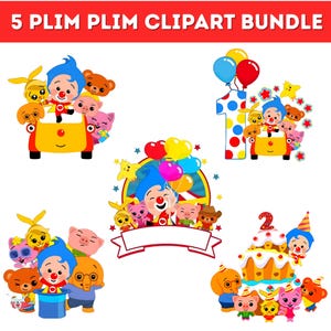 Könnte beinhalten: Ein digitales Clipart-Bundle mit dem Text "5 Plim Plim Clipart Bundle". Die Bilder zeigen eine Clownfigur mit Tierfreunden, Luftballons, die Zahl eins, die Zahl zwei und eine Geburtstagstorte.