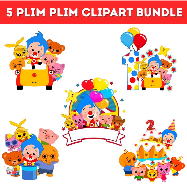 May include: A digital clipart bundle featuring the text "5 Plim Plim Clipart Bundle". The images include a clown character with animal friends, balloons, a number one, a number two, and a birthday cake.