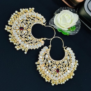 Regal Kundan Chandbali Earrings – Gold Plated Pearl & Ruby Accent Jewelry for Bridal, Wedding  Festive Occasions