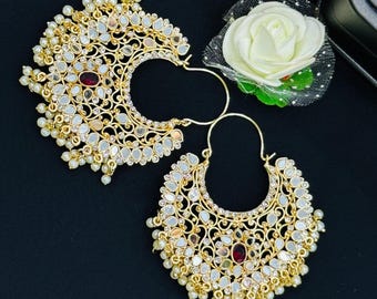Regal Kundan Chandbali-oorbellen – vergulde parel- en robijnaccentsieraden voor bruids, bruiloften en feestelijke gelegenheden