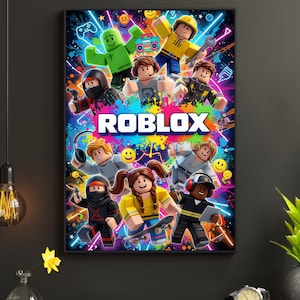May include: A framed poster featuring a vibrant illustration of Roblox characters. The artwork showcases various figures in action poses, set against a colorful, splash-like background. The word "ROBLOX" is prominently displayed.