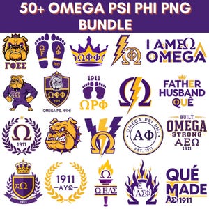 May include: A bundle of over 50 Omega Psi Phi PNG graphics in purple, gold, and white. The designs include a bulldog, crown, lightning bolt, laurel wreath, footprints, and text elements such as "Omega" and "1911".