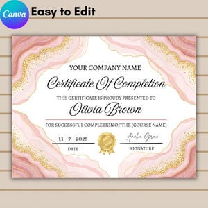 Può includere: Un certificato di completamento con un design in marmo rosa e oro. Il certificato include il testo "Certificate Of Completion", "Olivia Brown" e "11-7-2025". Il logo Canva si trova in alto a sinistra.