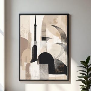 May include: A framed wall art print featuring an abstract architectural composition in shades of beige, cream, and black. The design depicts stylized mosque domes and a tall, slender minaret, layered with textured geometric shapes and curved lines.