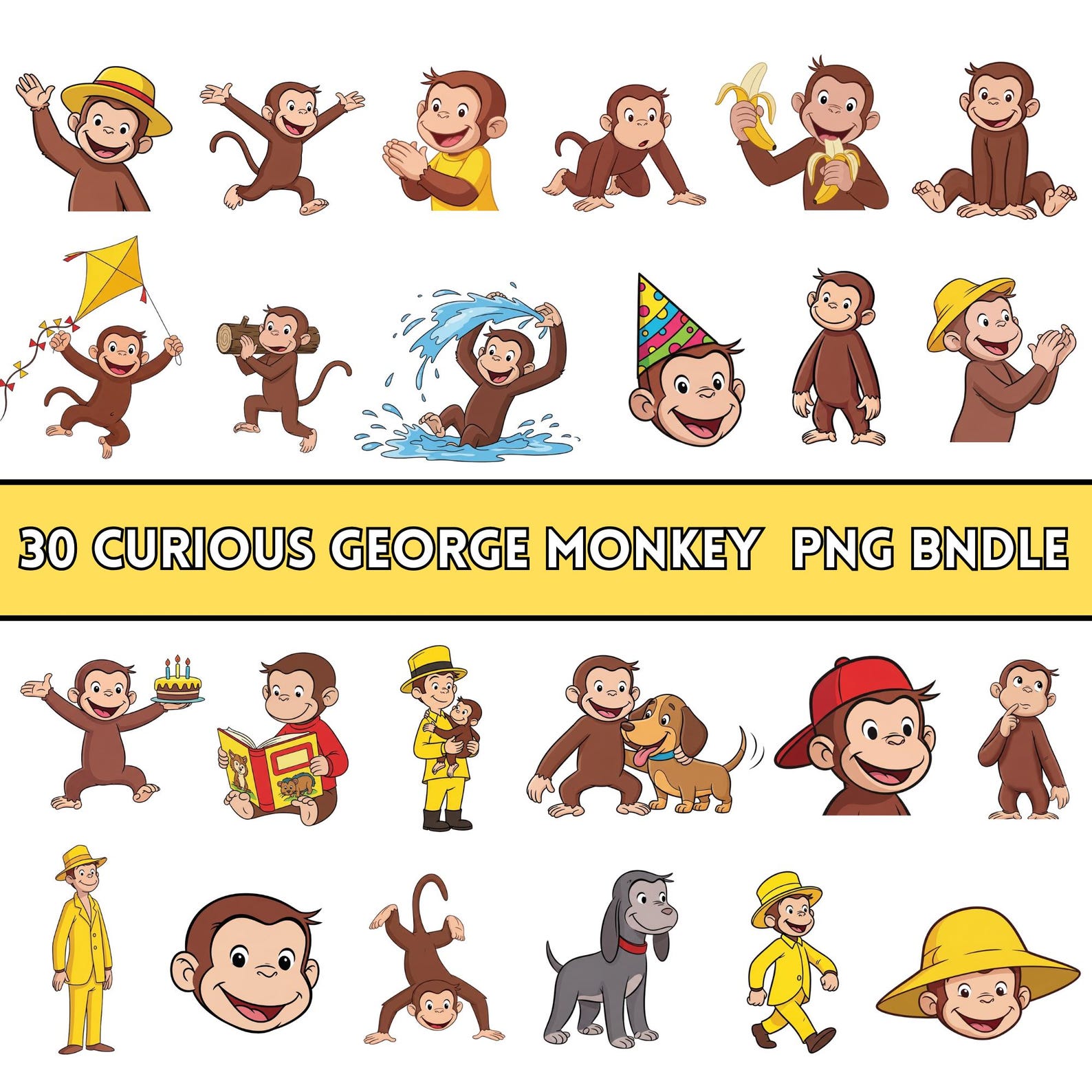 Curious George PNG Bundle | 30 Cartoon Monkey Designs | Layered ...