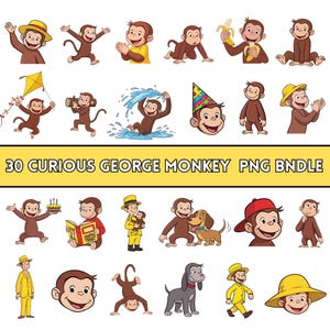 May include: A collection of 30 cartoon images of Curious George, the monkey, in various poses and activities. The images include George with a yellow hat, eating a banana, and playing with a kite. The text "30 CURIOUS GEORGE MONKEY PNG BNDLE" is displayed.