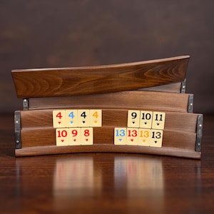 Handmade Walnut Wood Curved Rummy (Okey) Set – 42 cm Professional Tile Racks | Includes Premium Fabric Carry Bag