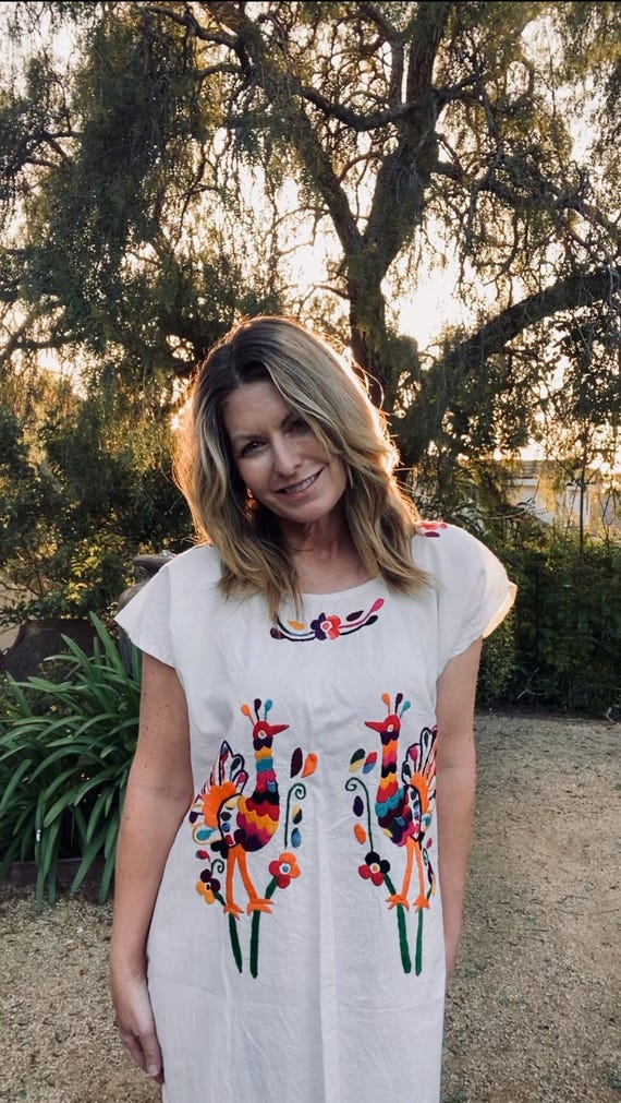 peacocks t shirt dress Vintage Mexican Colorful Peacock Dress