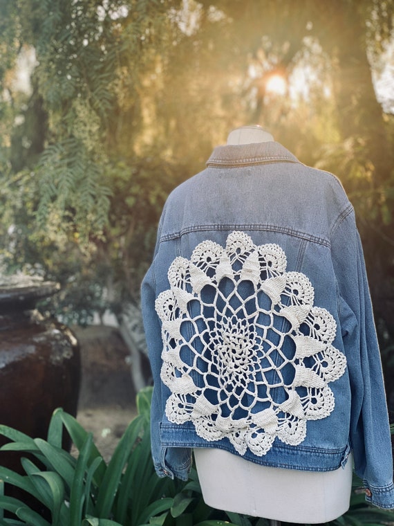 Unique Upcycled Denim Jacket With Vintage Crochet Appliqué