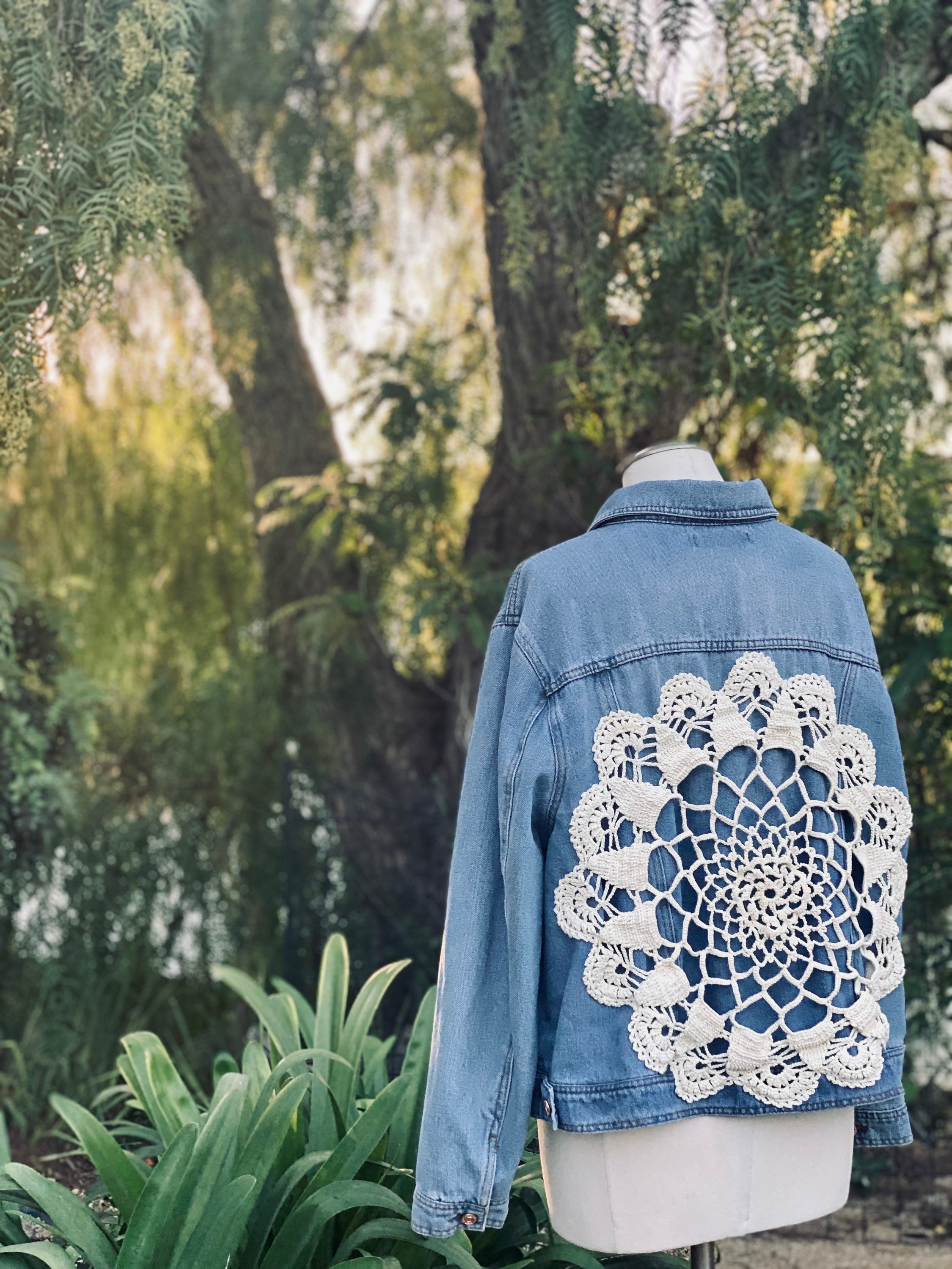 Unique Upcycled Denim Jacket With Vintage Crochet Appliqué