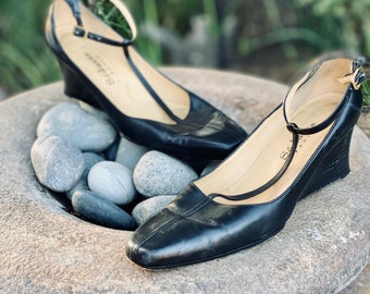 Black Sandal T Strap Wedge Dress Shoes