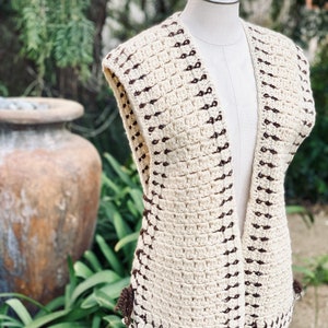 Handmade 70s Crochet Knit Vest: Beige Boho Pom Pom Tie