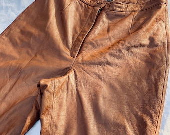 Pantalones anchos de cuero marrón coñac vintage de alta calidad - Moda retro