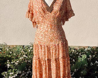 Vintage Silk and Wood Beaded Floral Sun Dress
