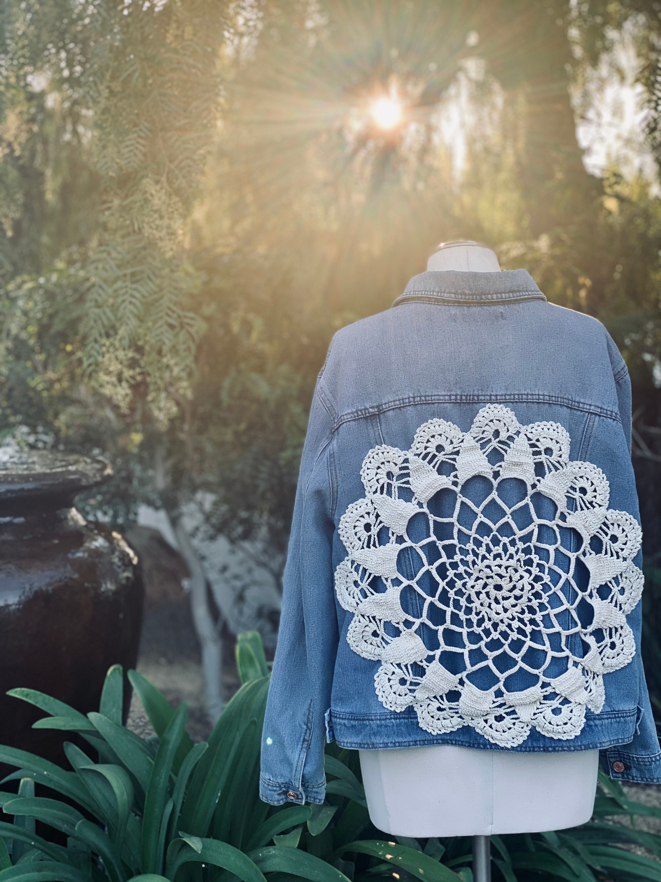 Unique Upcycled Denim Jacket With Vintage Crochet Appliqué