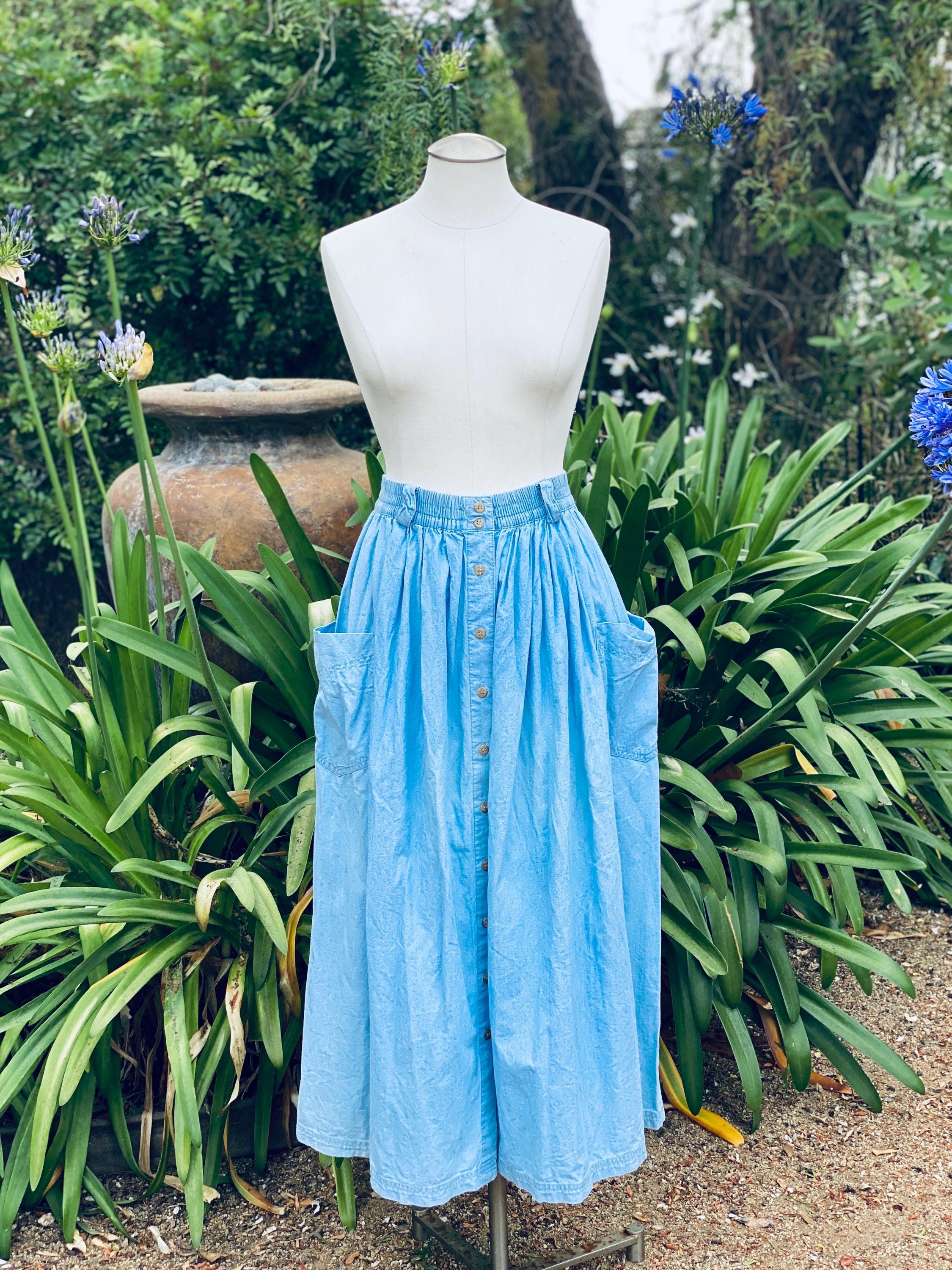 Damen Swing Chambray Maxirock – Plissiert, Elastische Taille, Langer Denim Rock Im Retro-Stil
