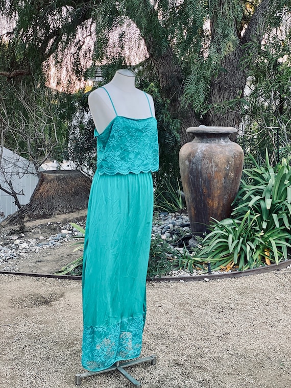 Vintage Turquoise Slip Dress with Lace Detail - T… - image 5
