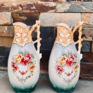 Antique Vienna Austria Ceramic Porcelain Floral Vases - Hand-Painted Pair (8&quot; Tall)