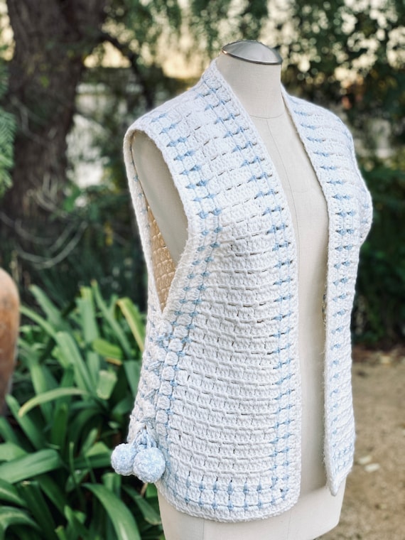 Crocheted Sweater Vest With Pom Poms Crochet Granny Square Vest