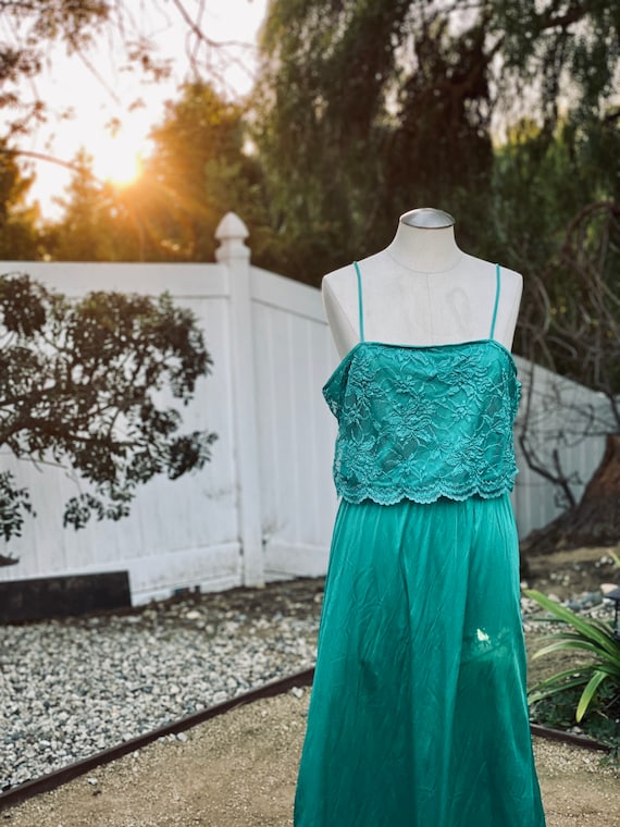 Vintage Turquoise Slip Dress with Lace Detail - T… - image 6