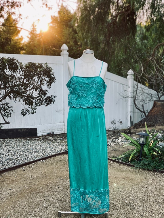 Vintage Turquoise Slip Dress with Lace Detail - T… - image 1