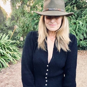 1980’s Black Fitted Ribbed Cardigan with Pearl Buttons by Adele Joyce