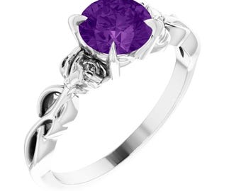 Roses Natural Amethyst Engagement Ring Silver, Rose Purple Amethyst Ring, Flower Proposal Ring, Floral Promise Ring February Birthstone Ring