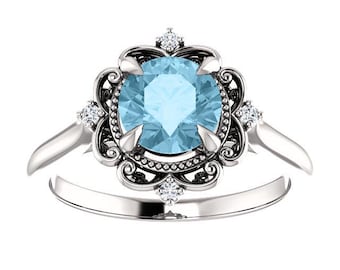Vintage Aquamarine Engagement Ring 10k Yellow Gold, Victorian Blue Aquamarine Ring, Antique Proposal Ring, March Birthstone Ring, Gift Her