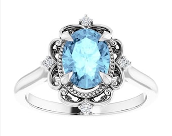 Vintage Oval Aquamarine Engagement Ring Yellow Gold, Victorian Blue Aquamarine Ring, Antique Promise Ring, March Birthstone Ring, Gift Her