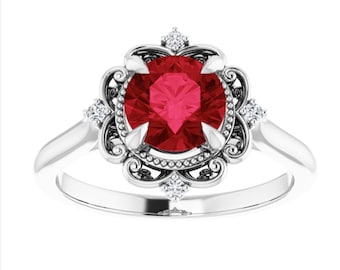 Vintage Ruby Engagement Ring 10k White Gold, Victorian Red Ruby Ring, Antique Lab Ruby Proposal Ring, July Birthstone Ring, Scroll Ruby Ring
