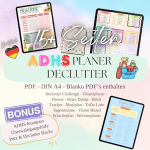 Könnte beinhalten: Digitaler Planer mit dem Text "ADHS PLANER DECLUTTER" und "15+ Seiten". Enthält Fitness-, Gewohnheits- und Essens-Tracker sowie eine Declutter-Challenge und einen Finanzplaner. Bonus: ADHS Kompass.