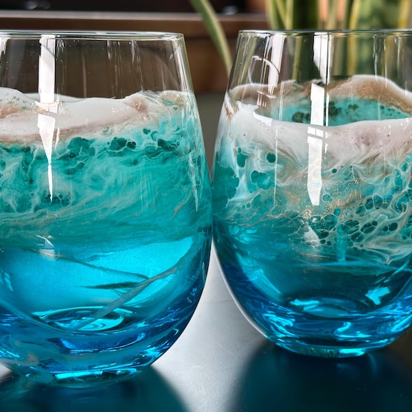 Stunning Set of 2 Sea Green and Turquoise with White and Gold Swirls Resin Glass