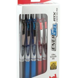 May include: A package of Pentel EnerGel RTX liquid gel pens. The pens are in a clear plastic box with a red top. The pens are black, blue, and red with silver accents. The box has the text "Ultra Smooth Ink" and "Quick Drying".