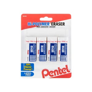 May include: A package of four white Hi-Polymer erasers. Each eraser has a blue and white label with the text "Hi-Polymer Eraser" and the Pentel logo. The packaging is red and white, with the text "Hi-Polymer Eraser" and "Non-Abrasive Eraser".