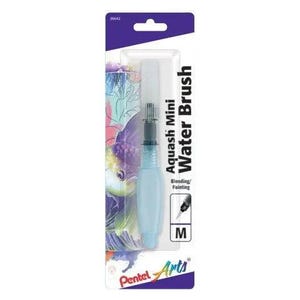 May include: A Pentel Arts Aquash Mini Water Brush, medium size, in its original packaging. The brush has a light blue barrel and a clear cap. The packaging is purple and white with a colorful fish design.