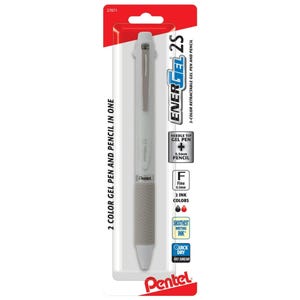May include: A white Pentel EnerGel 2S retractable gel pen and pencil combo. The pen features a gray grip, a needle tip gel pen, and a 0.5mm pencil. The packaging includes the text "2 Color Gel Pen and Pencil in One".