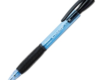 May include: A blue Pentel Champ AL17 3G mechanical pencil with a black grip and clip. The pencil has the text "Pentel CHAMP 0.7mm" printed on the barrel. The eraser is white.