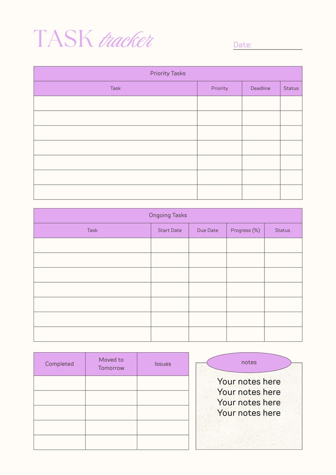 Purple Minimalist Task Tracker Template: Printable A4 and Canva ...