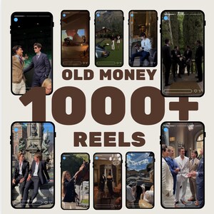 Könnte beinhalten: Eine digitale Collage aus Smartphone-Bildschirmen, die verschiedene Videoclips mit Personen in formeller Kleidung, Oldtimern und Reitszenen zeigen. Der Text OLD MONEY 1000+ REELS ist mittig in großer brauner Schrift auf hellem Grund.
