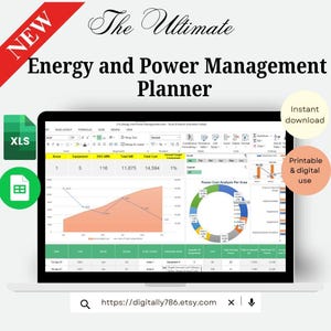 Pode incluir: Um ecrã de computador portátil mostra um planejador de gerenciamento de energia e potência em formato de planilha. A tela mostra gráficos e tabelas de dados. A imagem inclui o texto "The Ultimate Energy and Power Management Planner" e "Instant download".