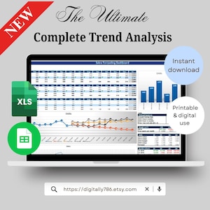 Könnte beinhalten: Ein Laptop-Bildschirm zeigt ein Verkaufs-Forecast-Dashboard mit Diagrammen und Daten. Der Text "The Ultimate Complete Trend Analysis" steht oben. Symbole für XLS und Google Sheets befinden sich links, mit den Labels "Instant download" und "Printable & digital use".