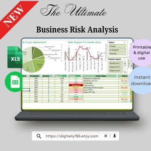 Pode incluir: Um laptop exibindo uma planilha de análise de risco de negócios. A tela mostra gráficos, gráficos e tabelas de dados. A imagem inclui o texto "The Ultimate Business Risk Analysis" e ícones para XLS e uma planilha. O URL da loja Etsy é visível.